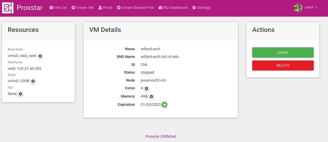 Screenshot of Proxstar’s VM management page